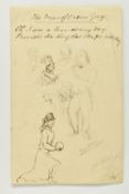 CIRCLE OF WILLIAM MAKEPEACE THACKERAY (1811-1863) A PAGE OF SKETCHES, one side has lines from a poem