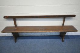 A 19TH CENTURY PINE CHURCH BENCH, from Acresford Methodist Church, with trestle legs, length 213cm x