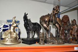 A GROUP OF FIGURES, GLASS WARES, ETC, to include a bronzed resin Austin Sculpture of a cowboy on his