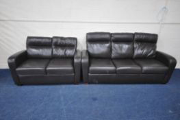 A BROWN LEATHER TWO PIECE LOUNGE SUITE, comprising a three seater sofa, length 200cm x depth 94cm