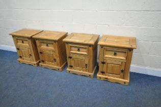 FOUR CORONA PINE BEDSIDE CABINETS, with a single drawer and cupboard door, width 53cm x depth 39cm x
