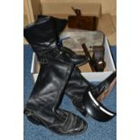 TWO PAIRS OF MEN'S BLACK LEATHER BOOTS, biker style, UK size 10, a silverplate dinks tray, a