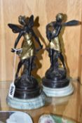 A PAIR OF REPRODUCTION BRONZE AND GILT FIGURES OF FAIRIES AFTER AUGUSTE MOREAU, mounted on stepped