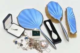 A THREE PIECE SILVER VANITY SET AND OTHER ITEMS, light blue guilloche enamel vanity set comprising