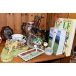 A GROUP OF GOLFING RELATED ITEMS, to include a Stuart Crystal round decanter with golfer design, a