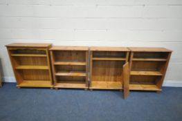 FOUR PINE OPEN BOOKCASES, with two adjustable shelves, largest width 84cm x depth 29cm x height