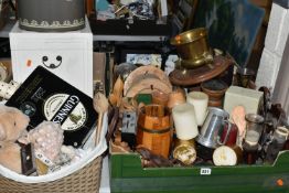 THREE BOXES AND LOOSE SUNDRIES, to include treen, assorted cutlery, sea shells, wall clocks,