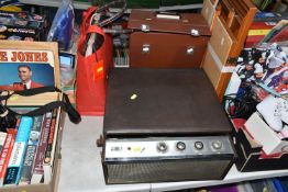 FOUR BOXES AND LOOSE MISCELLANEOUS SUNDRIES, to include a HMV Garrard Model 2000 turntable, an