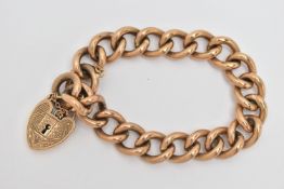 A 9CT YELLOW GOLD BRACELET WITH PADLOCK, the curb-link bracelet with hinged padlock clasp, clasp