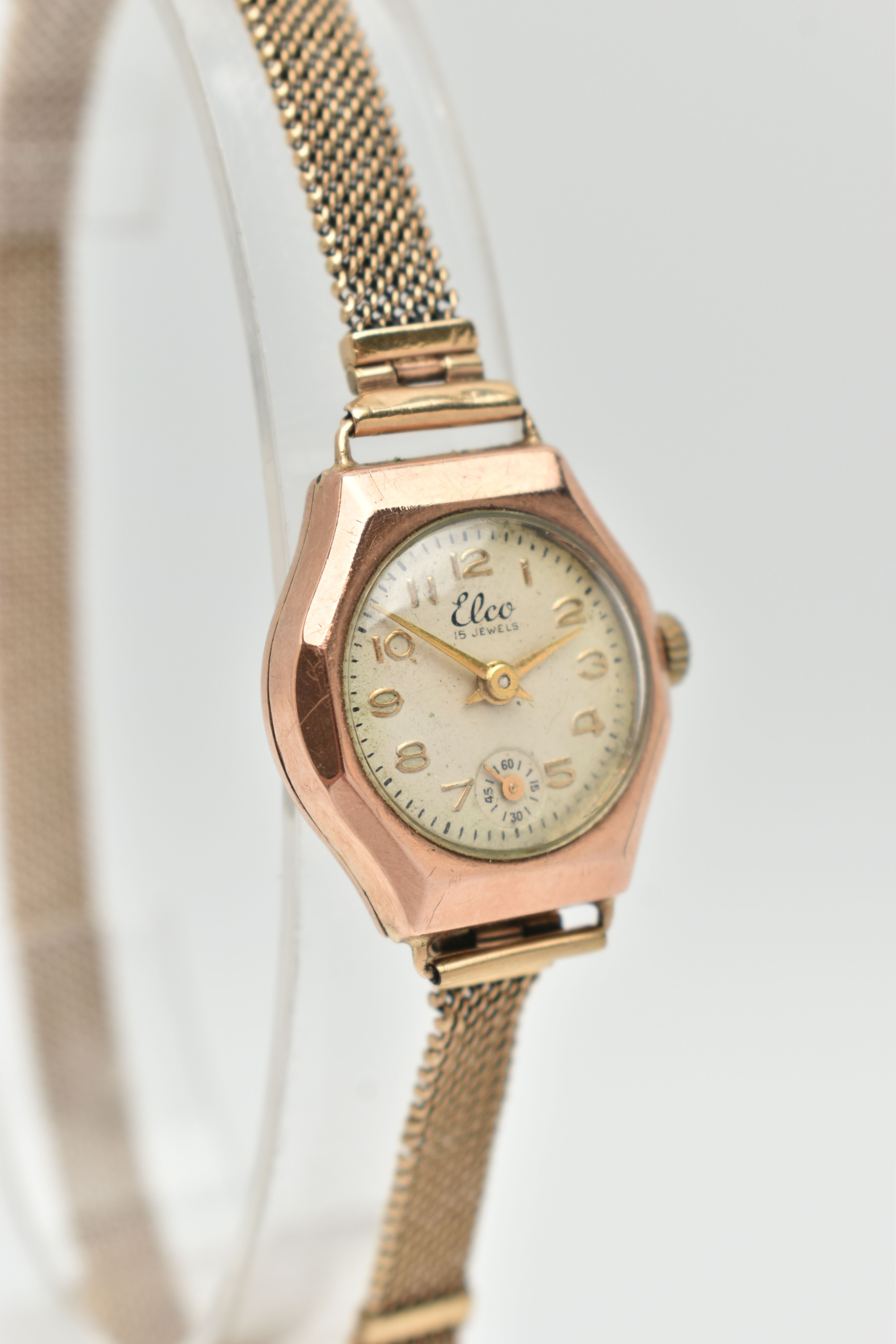 A 9CT GOLD WRISTWATCH, hand wound movement, round dial signed 'Elco' 15 jewels, Arabic numerals, - Image 2 of 6