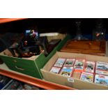 TWO BOXES OF TREEN, WRITING SLOPE, COLLECTOR'S PLATES AND A COLLECTION OF TOP TRUMPS CARDS, to