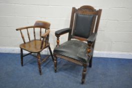 AN EARLY 20TH CENTURY OAK ARMCHAIR, with arched crest, open armrests, turned supports and front