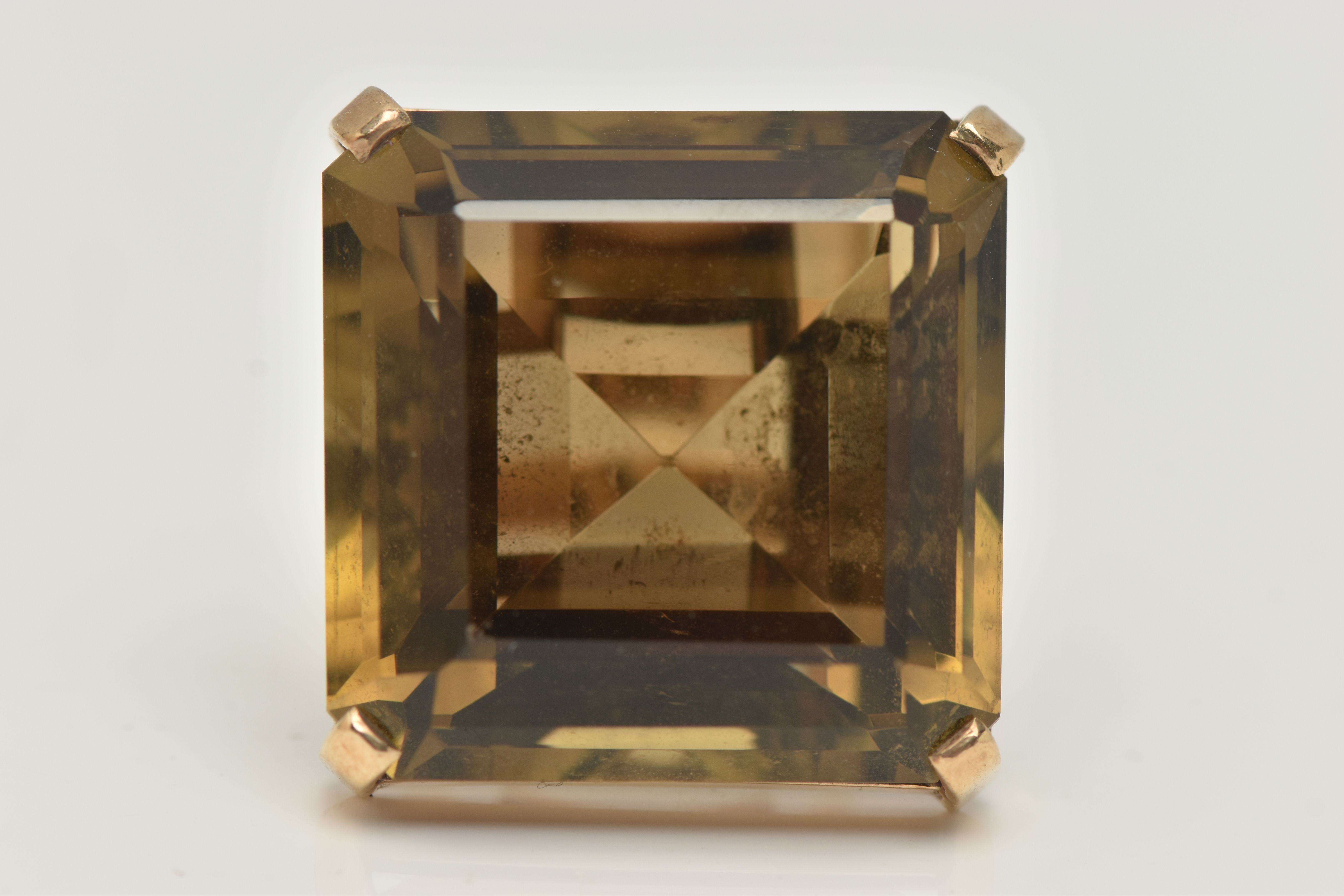 A 9CT GOLD SMOKY QUARTZ RING, designed as a large square smoky quartz within a four claw setting, - Image 5 of 5