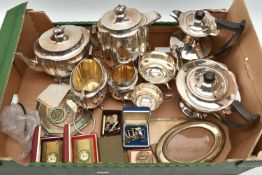 A BOX OF ASSORTED SILVER AND WHITE METAL ITEMS, to include an oval silver photo frame, with wooden