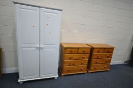 A WHITE PAINTED PINE DOUBLE DOOR WARDROBE, width 94cm x depth 72cm x height 177cm, along with a pair