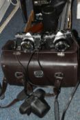 A CAMERA BAG AND A BOX OF CAMERAS AND OTHER PHOTOGRAPHIC EQUIPMENT, including an Olympus OM-1 film
