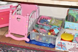 A QUANTITY OF CHILDREN'S PLAY FURNITURE AND EQUIPMENT, comprising a You & Me pink plastic doll's