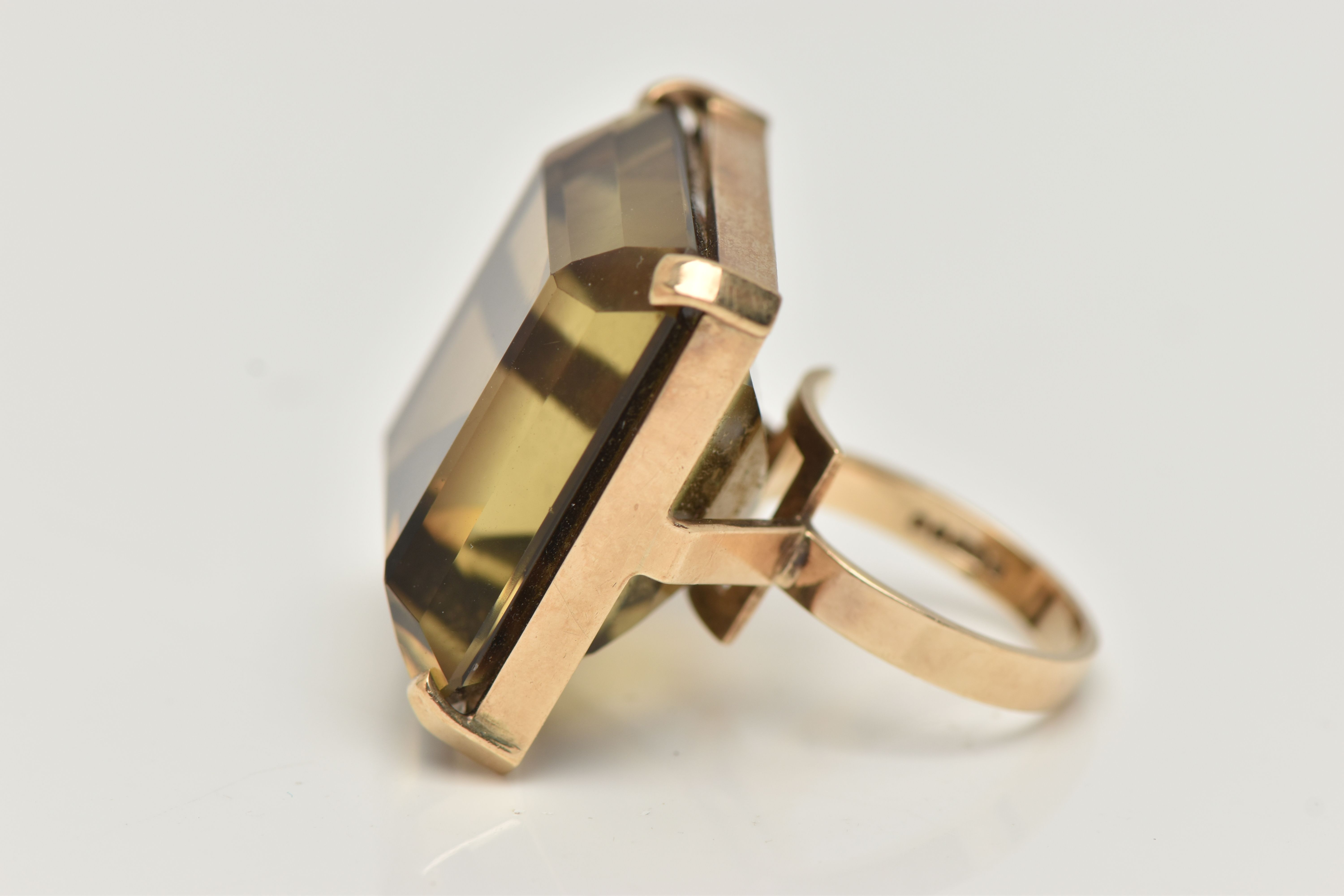 A 9CT GOLD SMOKY QUARTZ RING, designed as a large square smoky quartz within a four claw setting, - Image 2 of 5