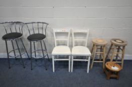 A SELECTION OF CHAIRS AND STOOLS, to include a pair of chrome tubular bar stools, with black