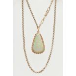 AN OPAL PENDANT AND CHAIN, the triangular opal within a collet and double rope twist surround,