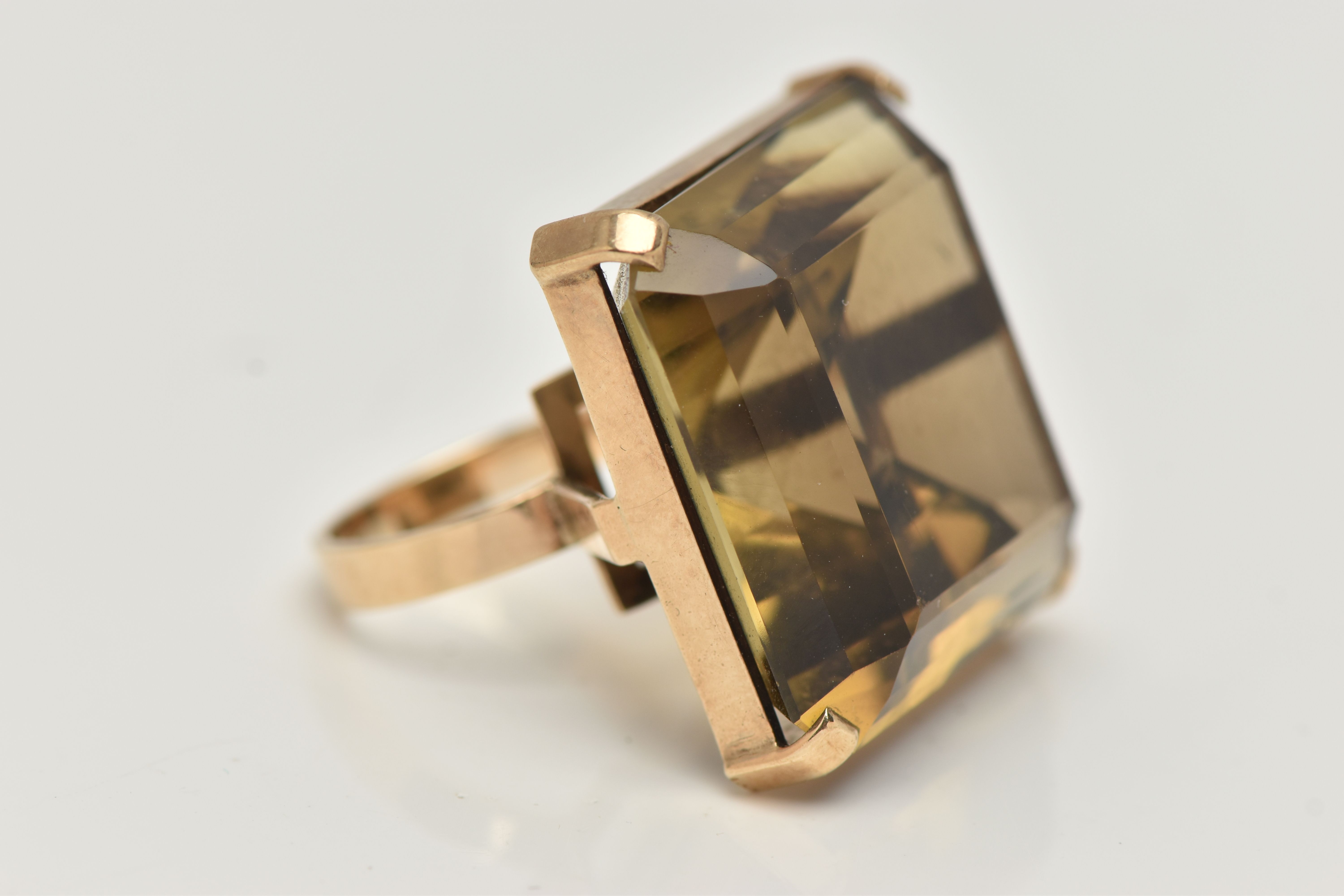 A 9CT GOLD SMOKY QUARTZ RING, designed as a large square smoky quartz within a four claw setting, - Image 4 of 5