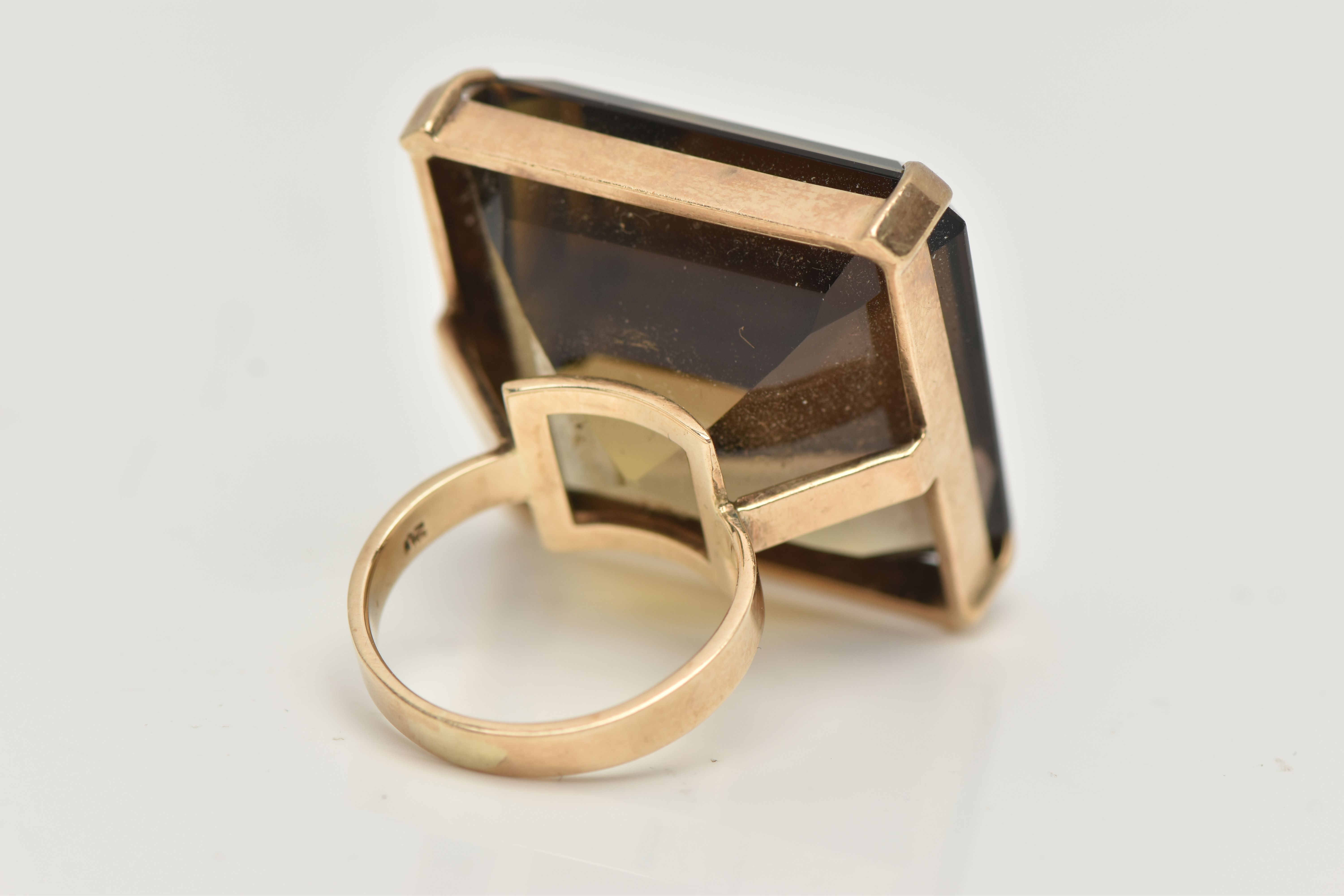A 9CT GOLD SMOKY QUARTZ RING, designed as a large square smoky quartz within a four claw setting, - Image 3 of 5