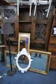 A SELECTION OF VARIOUS MIRRORS AND LAMPS, to include a black painted standard lamp, a white
