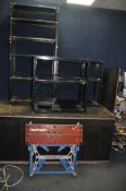 THREE METAL WORKSHOP SHELVING UNITS and a Workmate (4)
