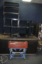 THREE METAL WORKSHOP SHELVING UNITS and a Workmate (4)