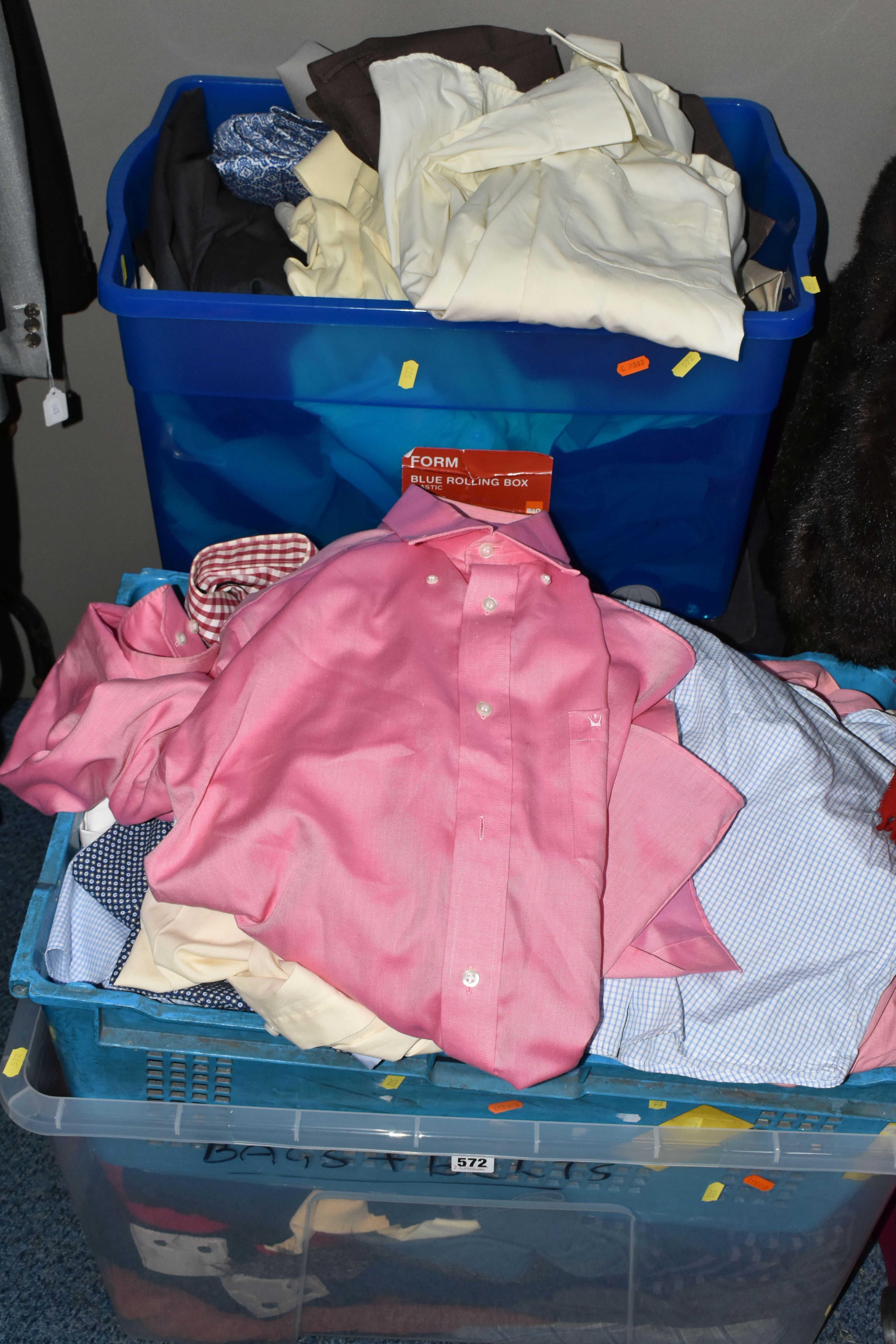 FIVE BOXES OF GENTLEMEN'S SHIRTS AND TROUSERS, assorted colours, long sleeved and short sleeved,