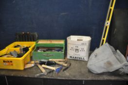 FOUR BOXES AND A HAVERSACK CONTAINING BUILDERS AND DECORATING TOOLS including brick and chipping