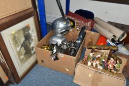 THREE BOXES OF METALWARE AND MISCELLANEOUS SUNDRIES, to include two large Wan Bran 8pt stainless