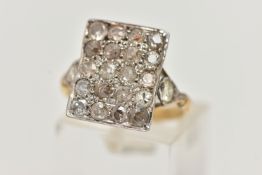 AN 18CT GOLD DIAMOND DRESS RING, designed as a rectangular panel set with twenty mainly old cut