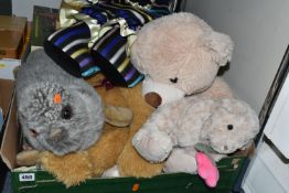 A BOX AND LOOSE SOFT TOYS, BOARD GAMES, SPORTING EQUIPMENT, ETC, including a Merrythought seal, a