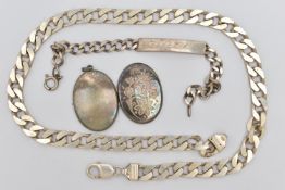 A SILVER ID BRACELET AND CHAIN NECKLACE, a silver curb link chain bracelet, fitted with a spring