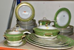 A QUANTITY OF ASHWORTH BROTHERS IRONSTONE DINNERWARE, decorated with a vivid green band with gilt