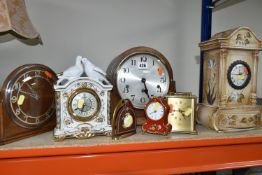 A COLLECTION OF SEVEN MANTEL CLOCKS, comprising a large 1930s style wooden cased Westminster