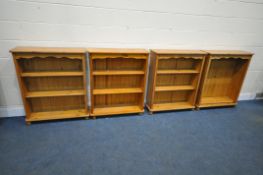 FOUR MATCHING PINE OPEN BOOKCASES, with two adjustable shelves, width 84cm x depth 24cm x height