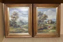 TWO 19TH CENTURY STYLE CONTINENTAL LANDSCAPES, depicting a female figure with sheep and two