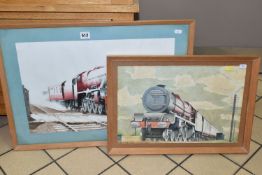 TWO WATERCOLOURS DEPICTING STEAM LOCOMOTIVES, the first depicts a train bearing number 5677 to the