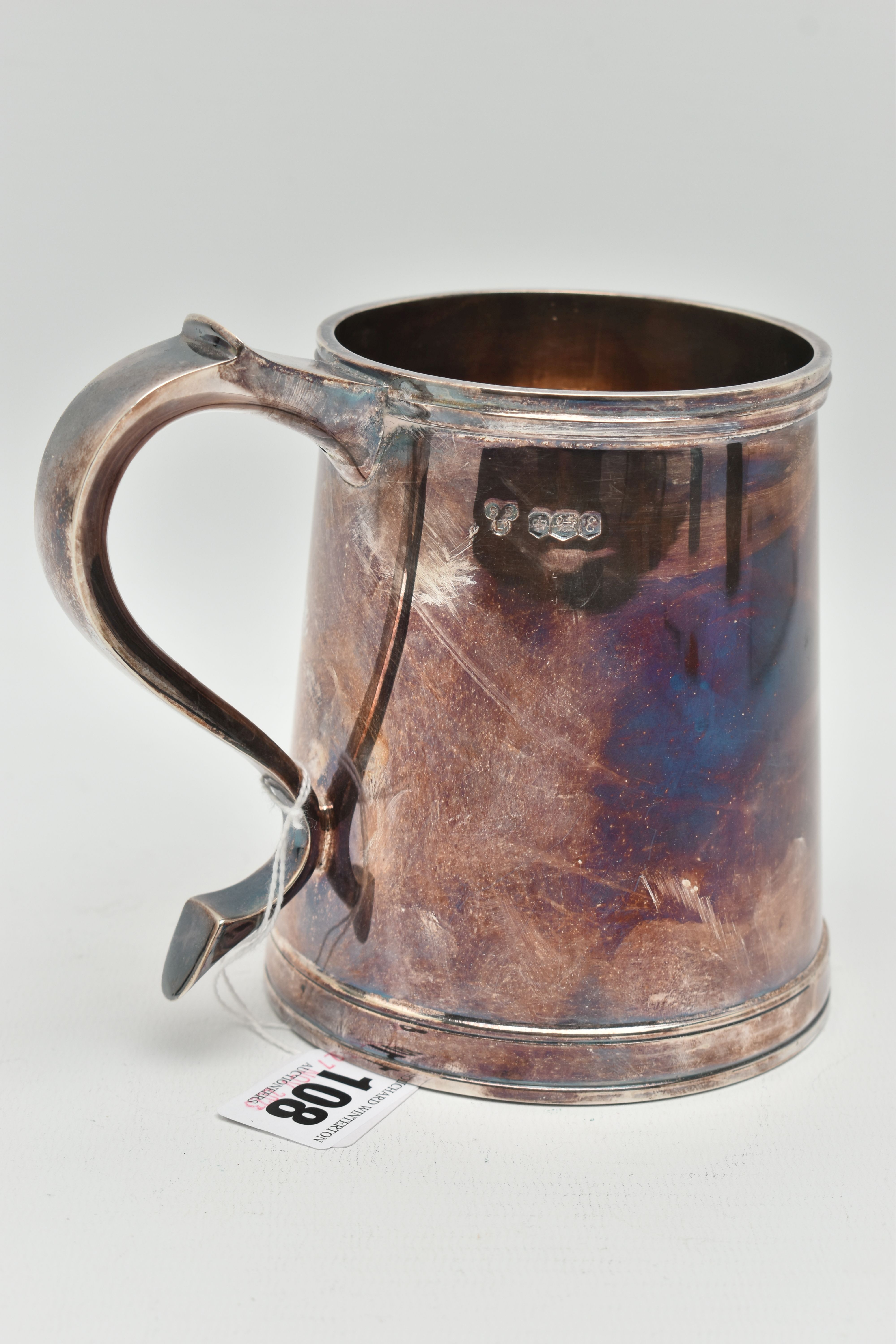 AN ELIZABETH II SILVER TANKARD OF CONICAL FORM, S scroll handle, plain surface, makers Sterling