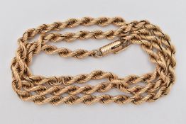 A 9CT GOLD ROPE CHAIN NECKLACE, a yellow gold twisted rope design necklace, approximate length