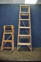 TWO VINTAGE WOODEN STEP LADDERS comprising of a 160cm high five rung and a Hatherley Jones Patent