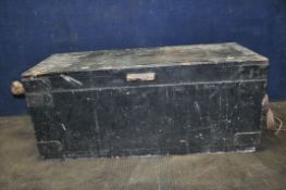 A VINTAGE PINE CARPENTERS TOOLBOX paint in black and rope handles including four handmade coffin