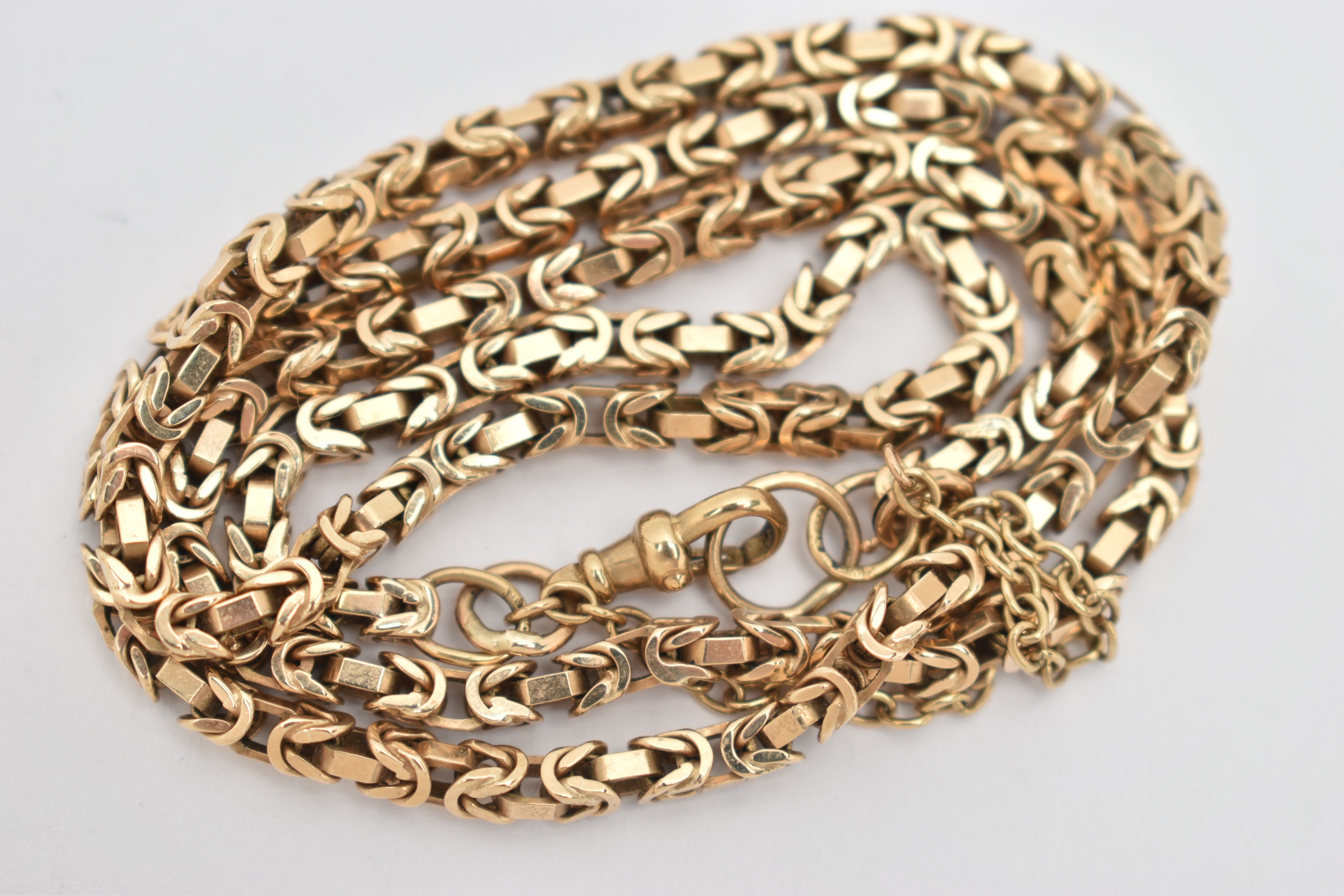 A 9CT YELLOW GOLD NECKLACE, designed as a Byzantine chain with lobster claw clasp, hallmarked 9ct - Image 2 of 2
