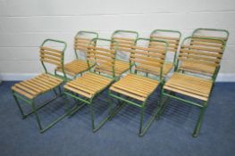 A SET OF EIGHT TEAK GREEN PAINTED TUBULAR STACKING CHAIRS, with teak slatted seats and back rests,