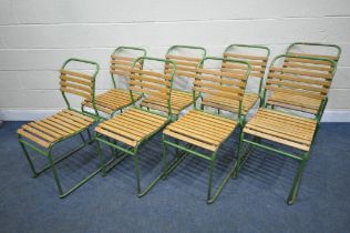 A SET OF EIGHT TEAK GREEN PAINTED TUBULAR STACKING CHAIRS, with teak slatted seats and back rests,