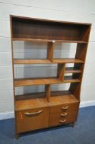 A MID CENTURY TEAK ROOM DIVIDER, fitted with an arrangement of shelving, a single door and three