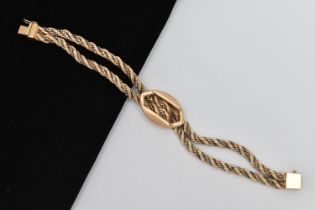 A 9CT GOLD BRACELET, designed as a double rope twist and box link bi-colour bracelet with buckle