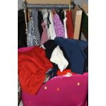 FOUR BOXES AND ONE BOXED RAIL OF LADIES' CLOTHING AND ACCESSORIES, to include sweaters, cardigans,